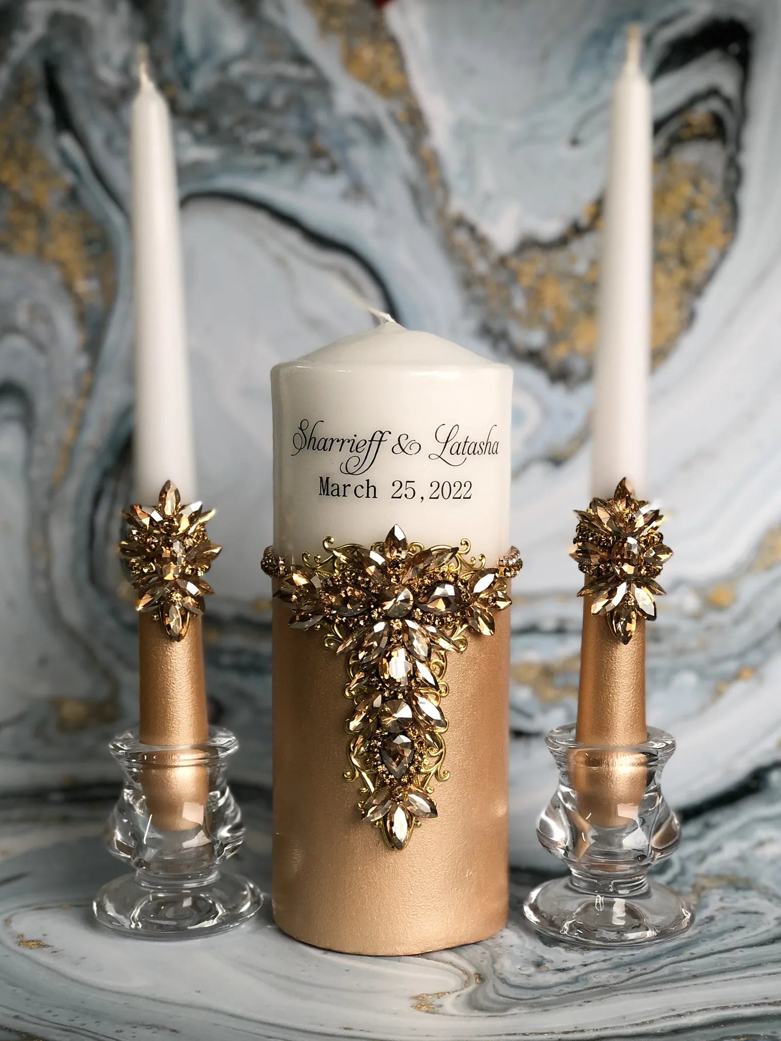 Personalized gold crystal unity candles with names and date