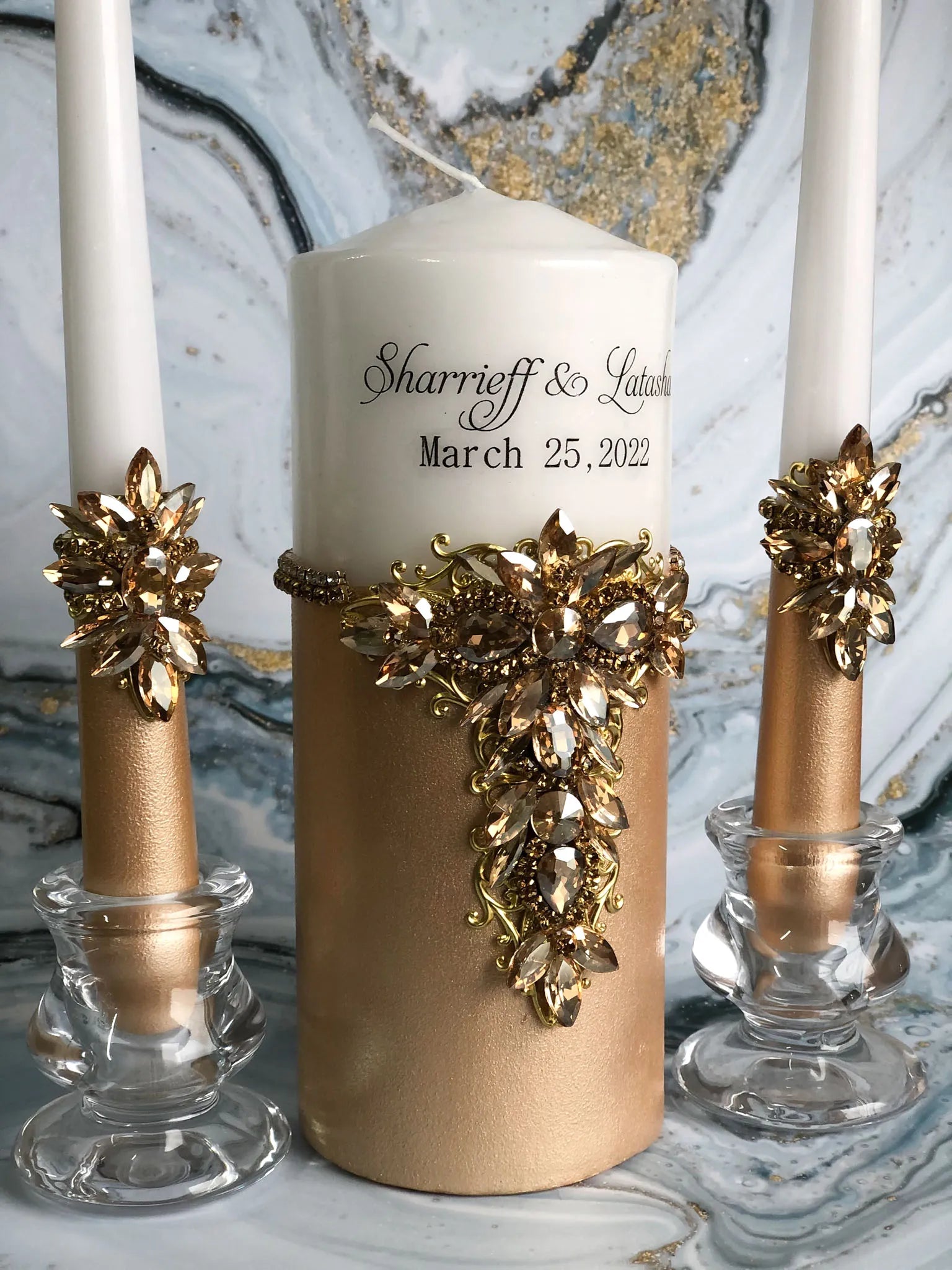 Personalized wedding candles with metallic accents