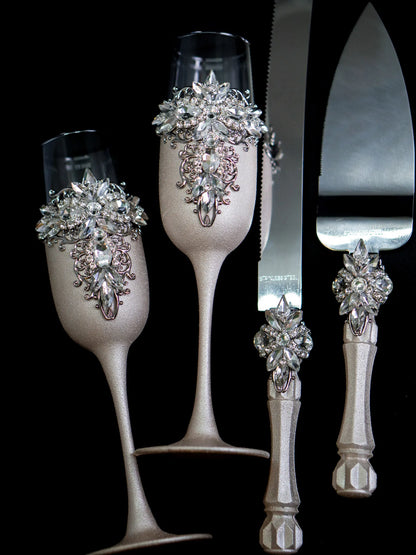 Elegant Ivory and Silver Crystal Wedding Cake Cutting Set - Gloria Collection