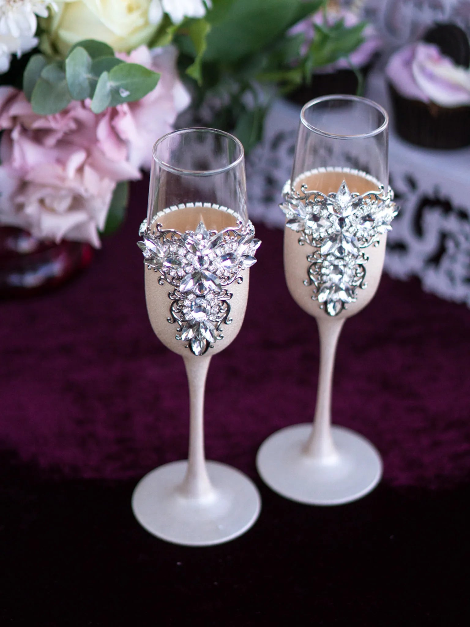 Rose Gold Metallic Champagne Flutes and Cake Serving Set
