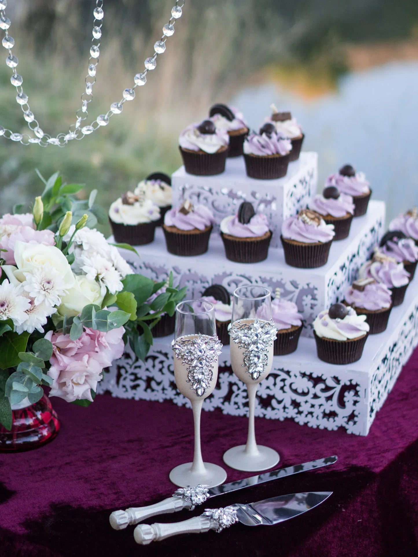 Unique Silver and Ivory Crystals Mr. and Mrs. Toast Glasses and Cake Set
