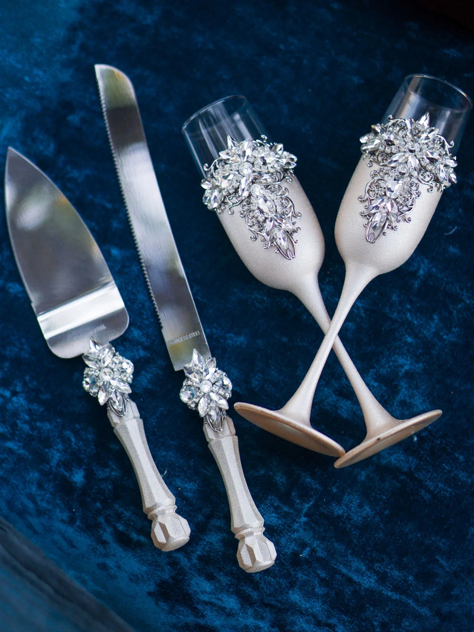Silver and Ivory Personalized Crystals Mr. and Mrs. Champagne Flutes and Cake Serving Kit