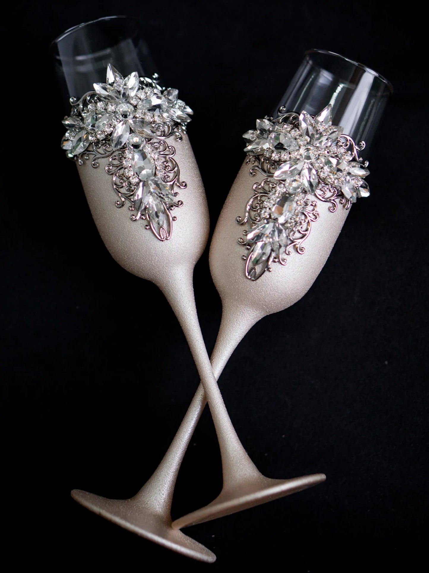 Silver and Ivory Personalized Crystals Mr. and Mrs. Champagne Flutes and Cake Serving Kit