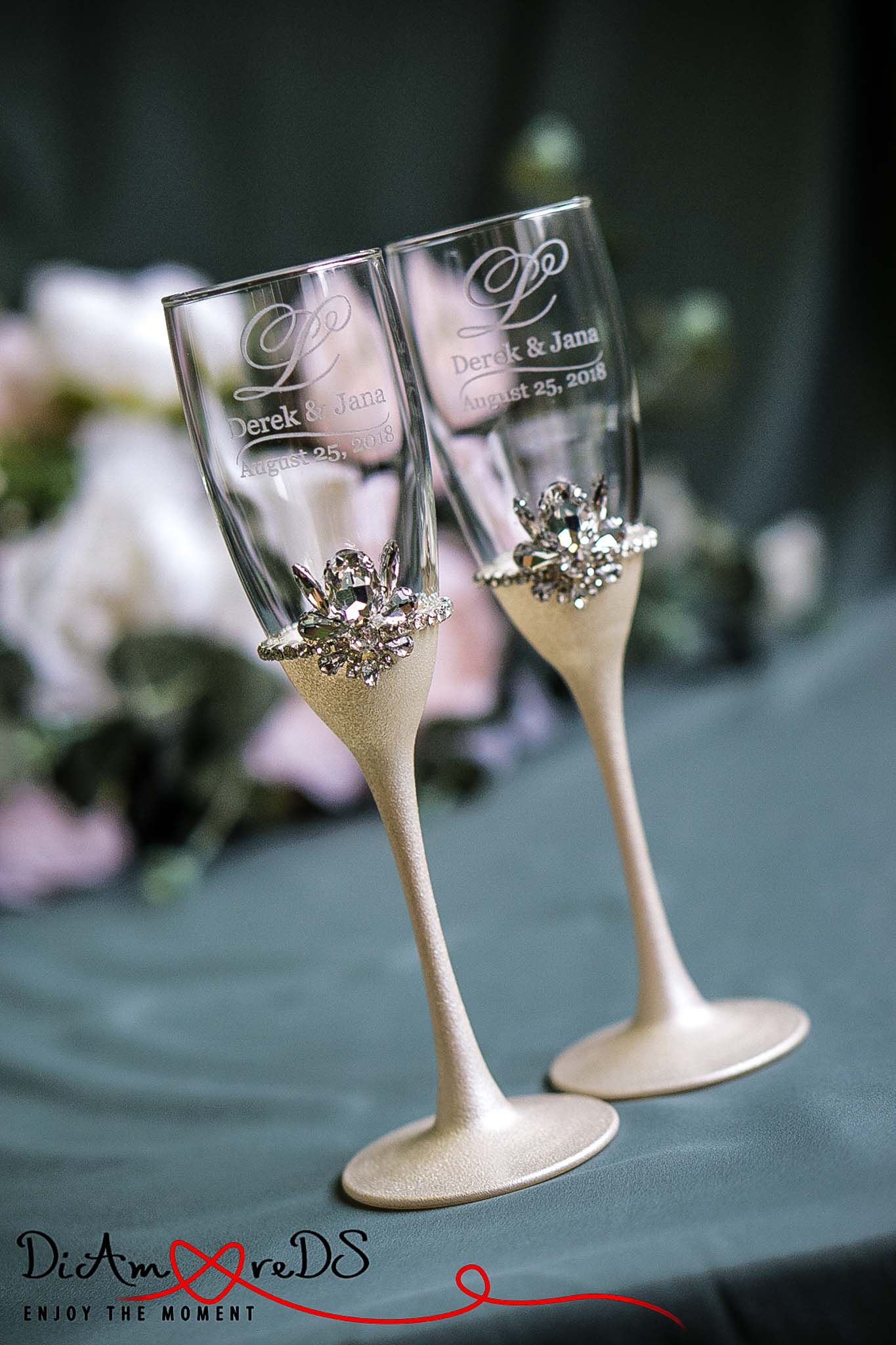 Elegant ivory wedding champagne glasses