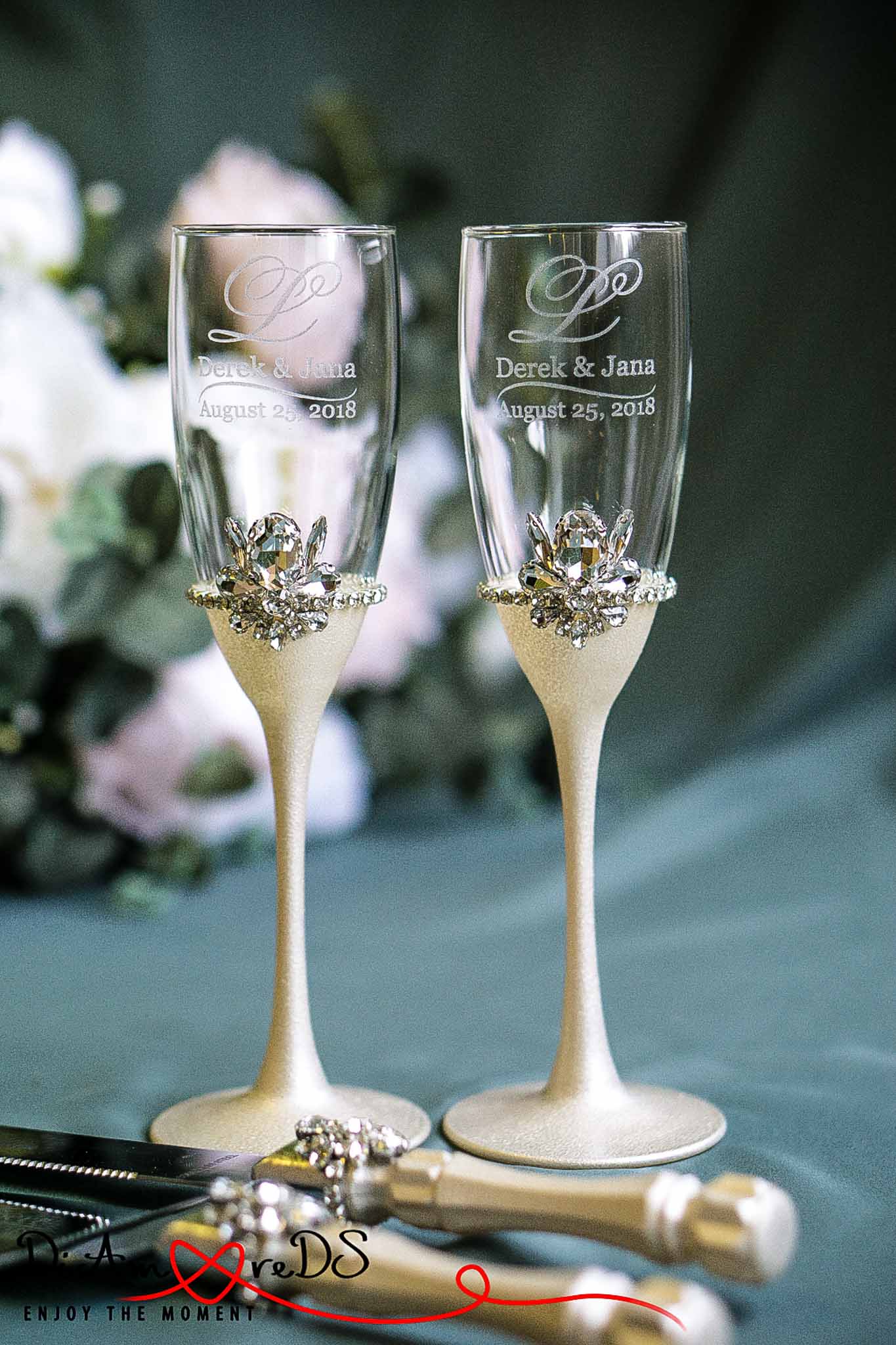 Handcrafted wedding flutes and cake utensils