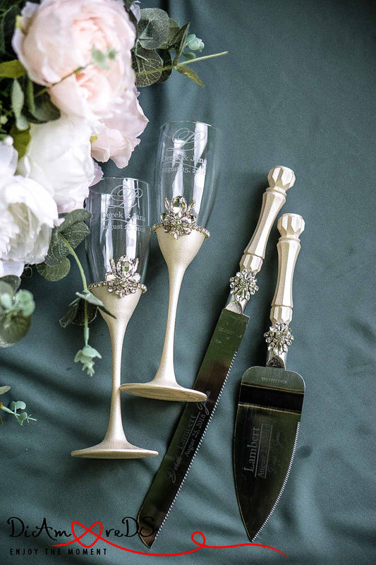 Ivory wedding toasting flutes and cake serving set