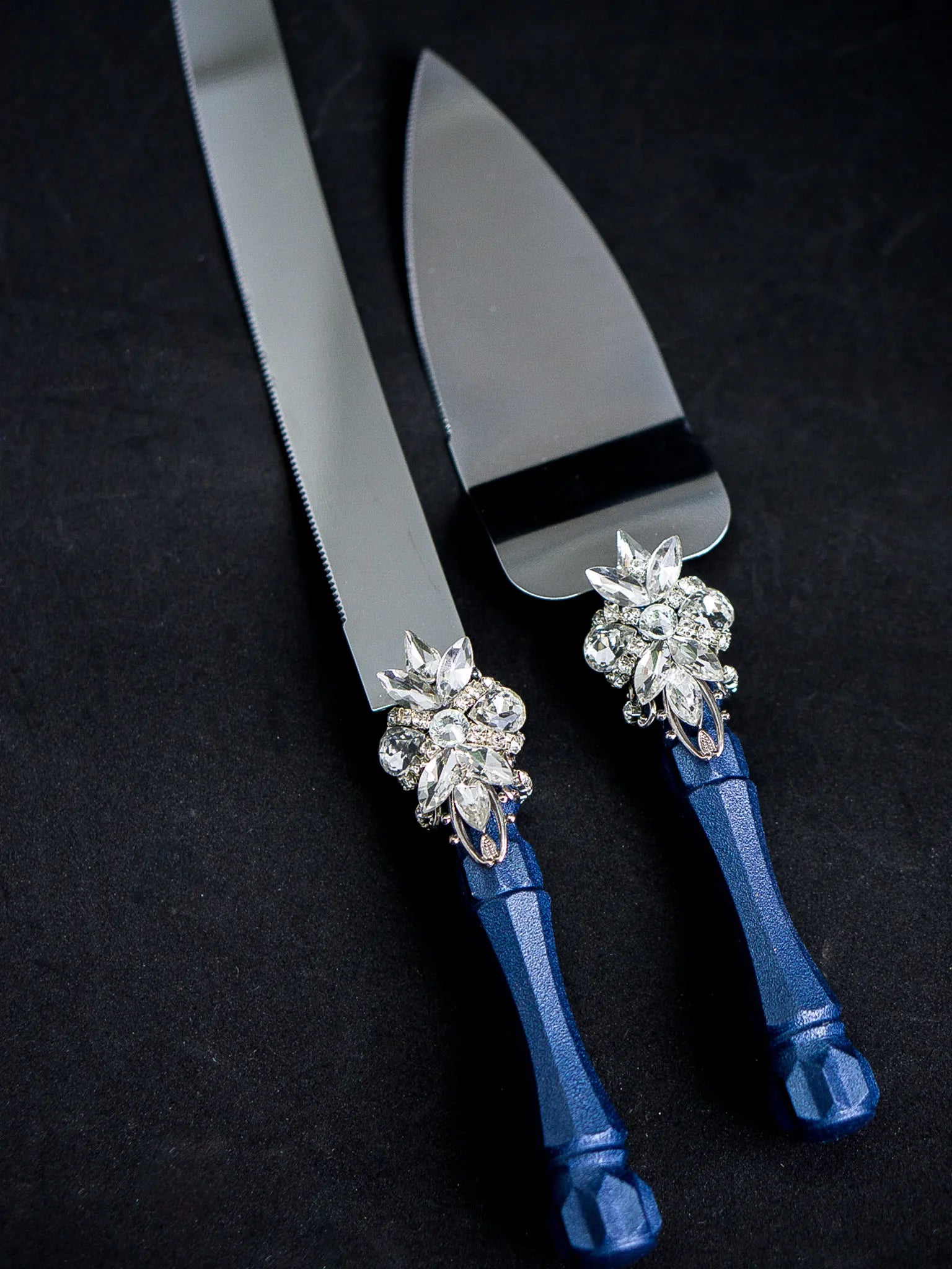 Navy blue metallic cake knife and server