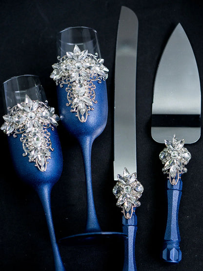 Elegant Silver and Navy Blue Wedding Glassware and Cake Knife Set