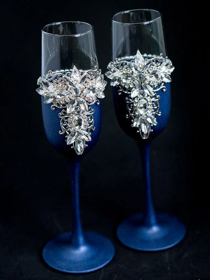 Elegant navy blue metallic toasting flutes