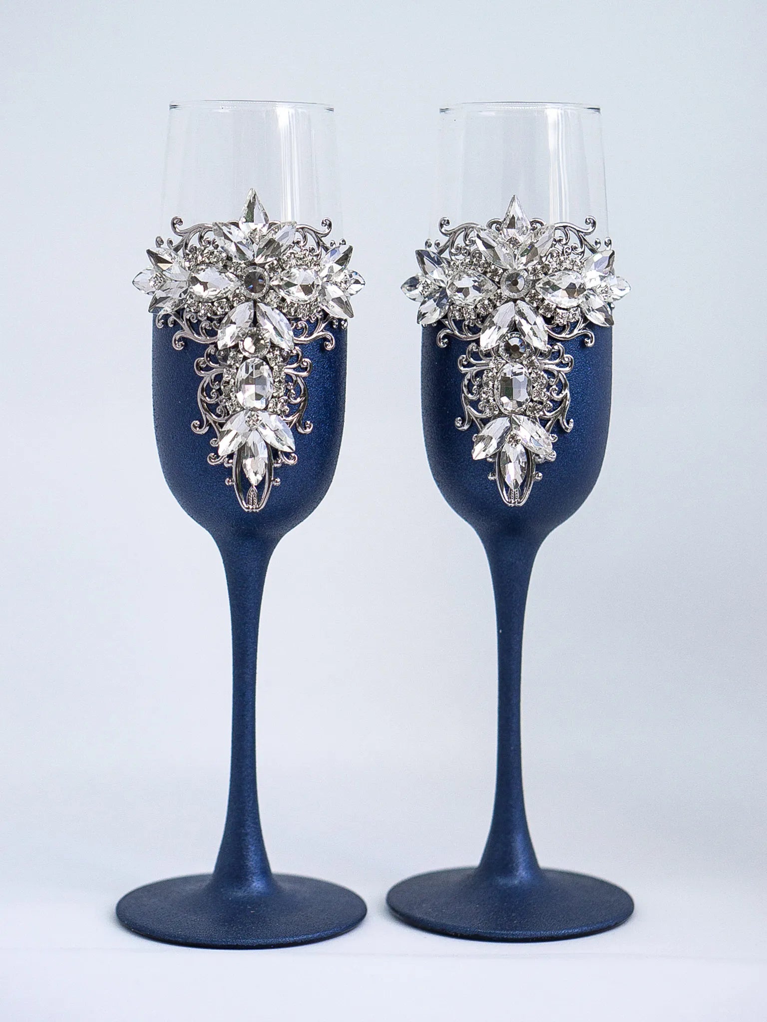 Customizable silver crystal champagne flutes