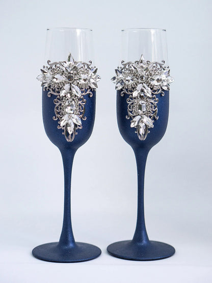 Silver and Navy Blue Personalized Crystals Monogrammed Wedding Toasting Glasses and Cake Knife Set