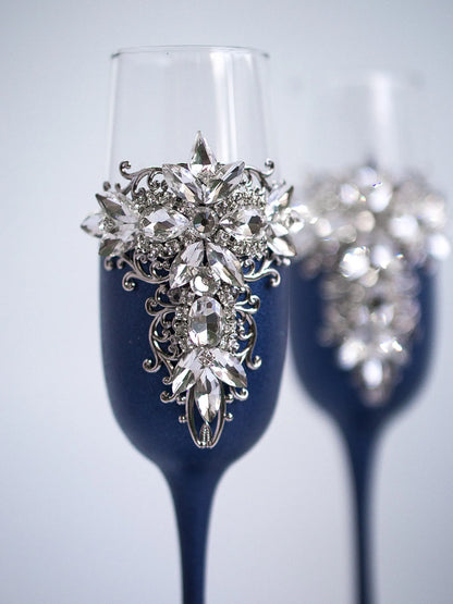 Personalized Navy Blue & Silver Crystal Toasting Flutes - Gloria Collection