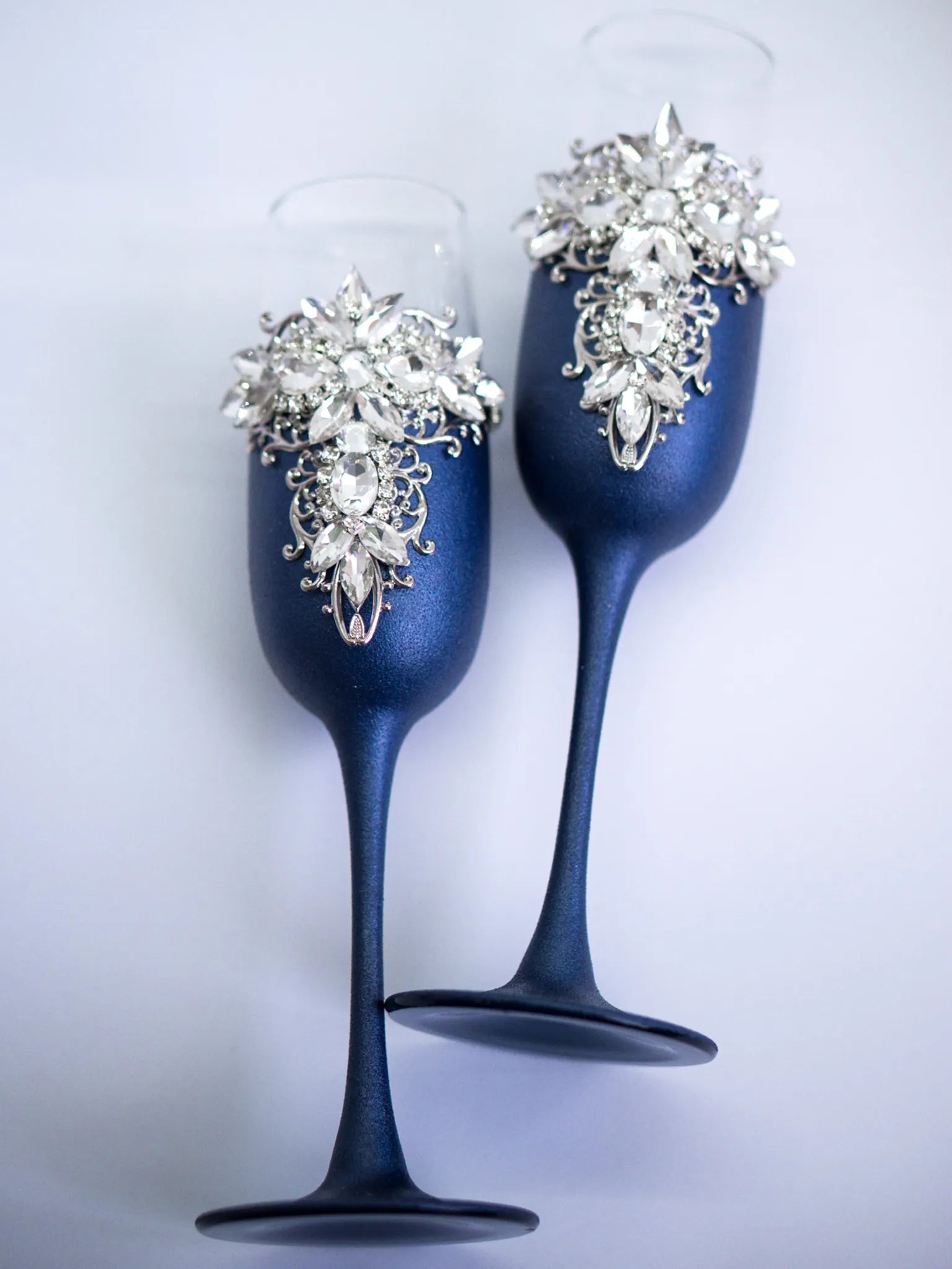 Unique navy blue and silver crystal flutes