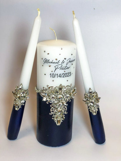 Personalized Navy Blue and Silver Clear Crystals Monogram Unity Candle Set