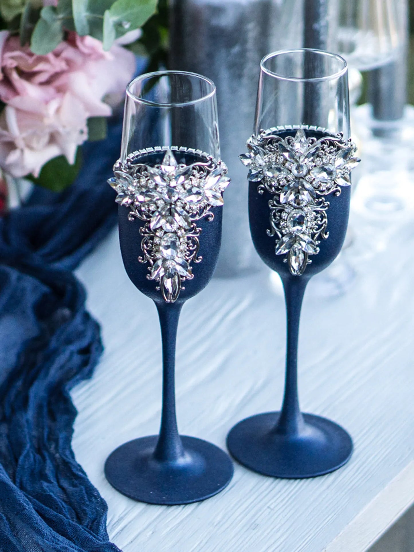 Navy blue and silver crystal toasting flutes