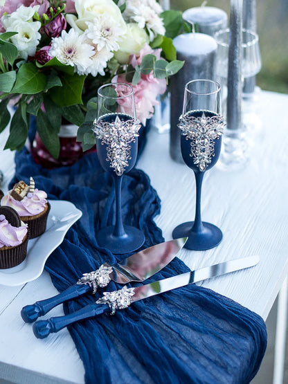 Personalized Navy Blue & Silver Crystal Toasting Flutes - Gloria Collection