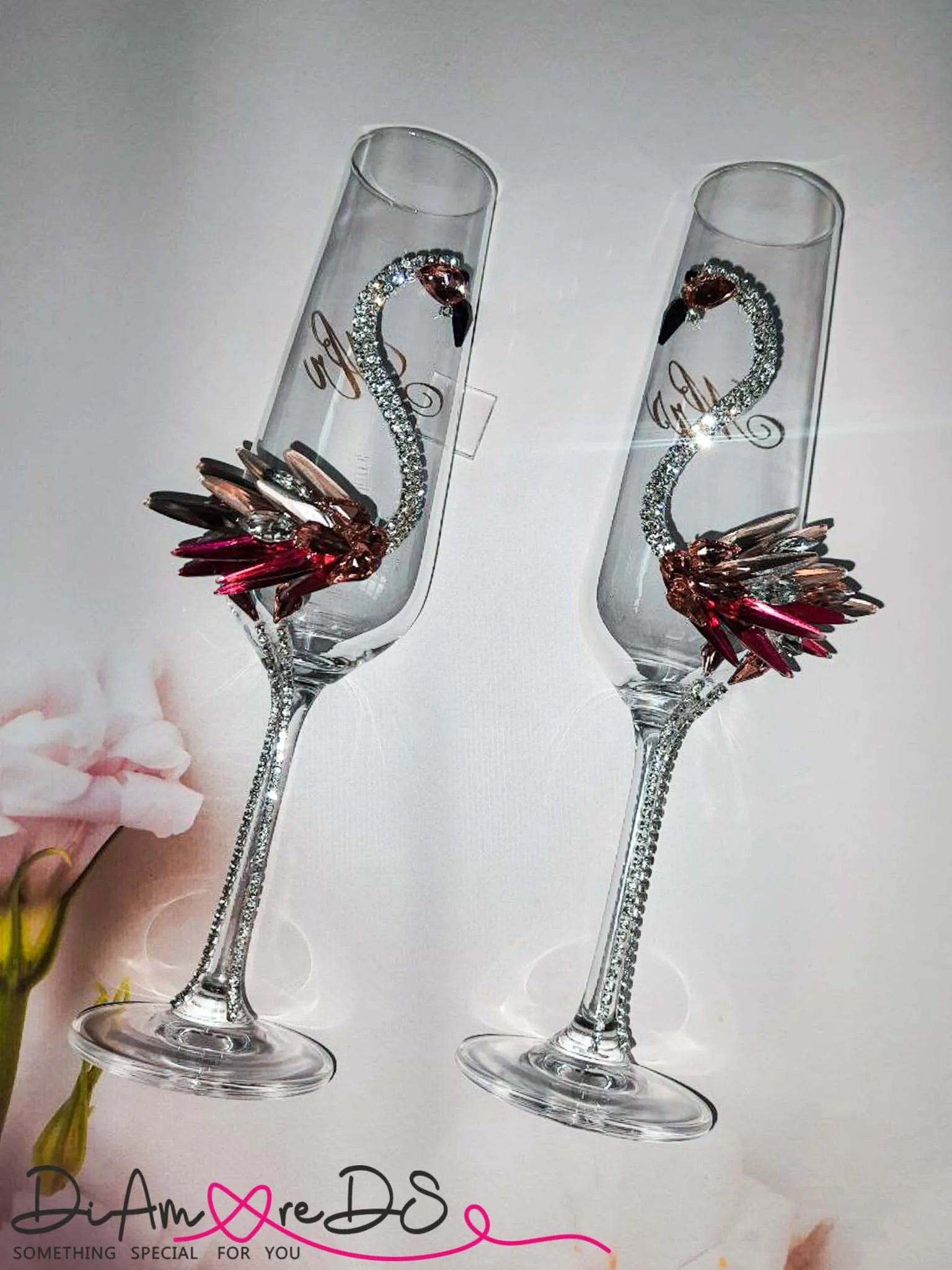 Flamingo Wedding Glasses for Bride and Groom