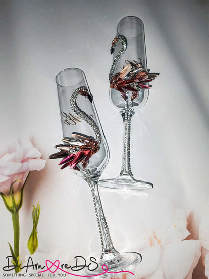 Personalized Wedding Flamingo Champagne Glasses