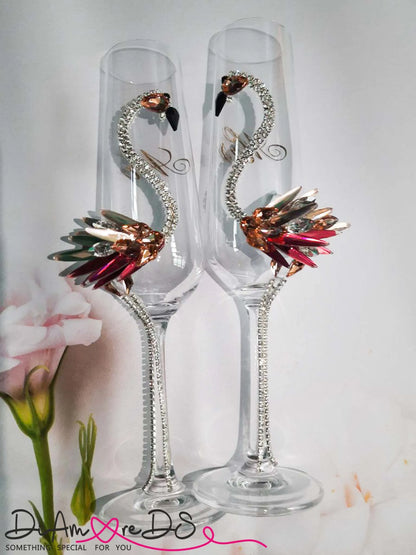 Flamingo Wedding Champagne Flutes on table