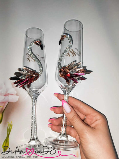 Handcrafted Flamingo Wedding Champagne Flutes