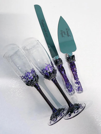 Stylish wedding toast glasses and cake cutting set in purple Victoria Collection