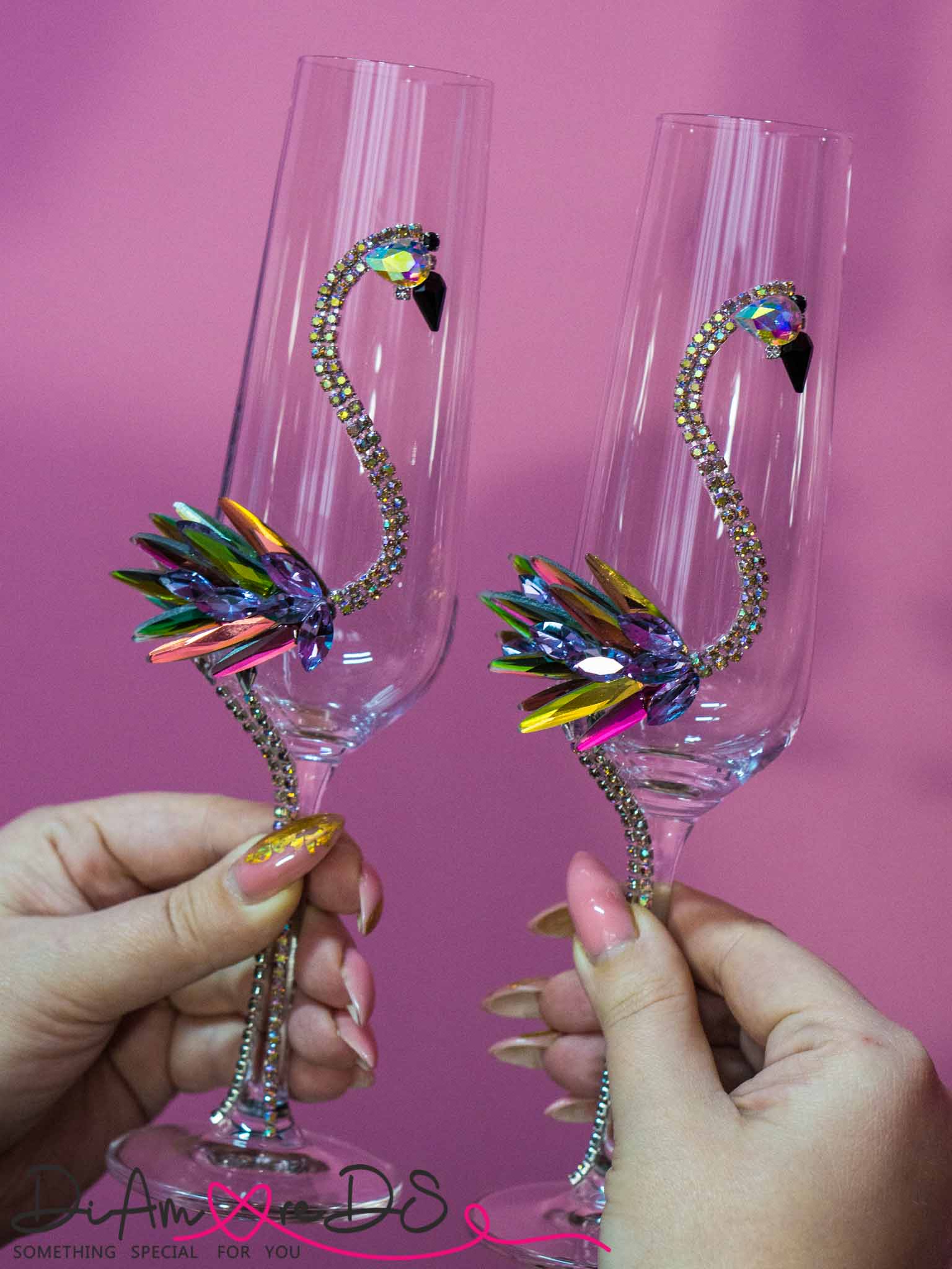 Rainbow flamingo champagne flutes