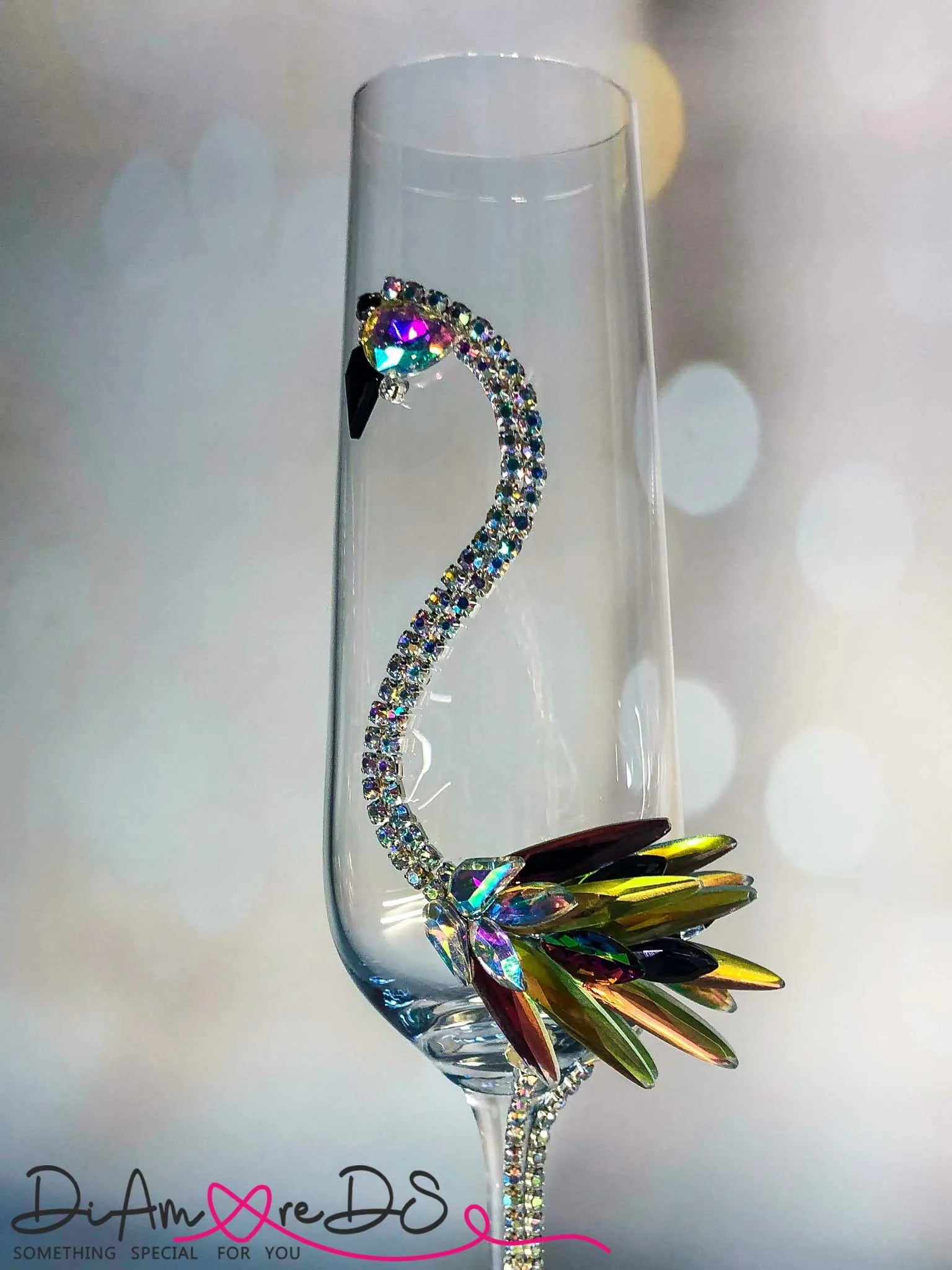 Handcrafted personalized Rainbow Flamingo Wine Glass
