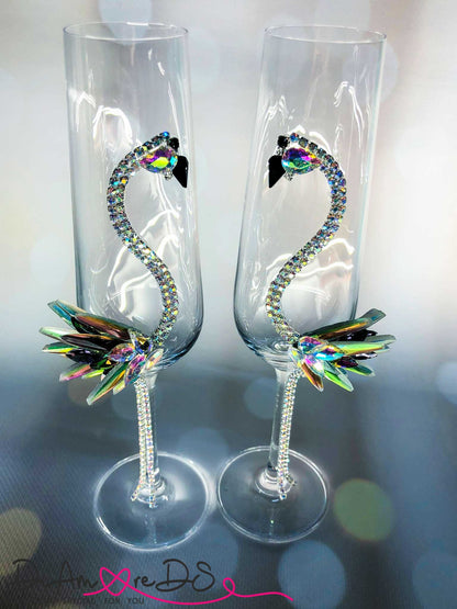 Multicolored flamingo champagne glasses