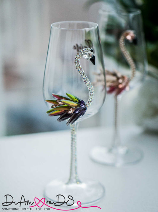 Rainbow Flamingo Wine Glass on table
