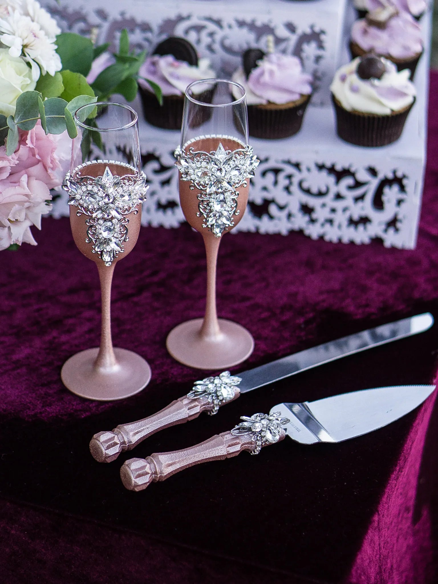 Elegant Rose Gold Champagne Flutes and Cake Knife with Crystals