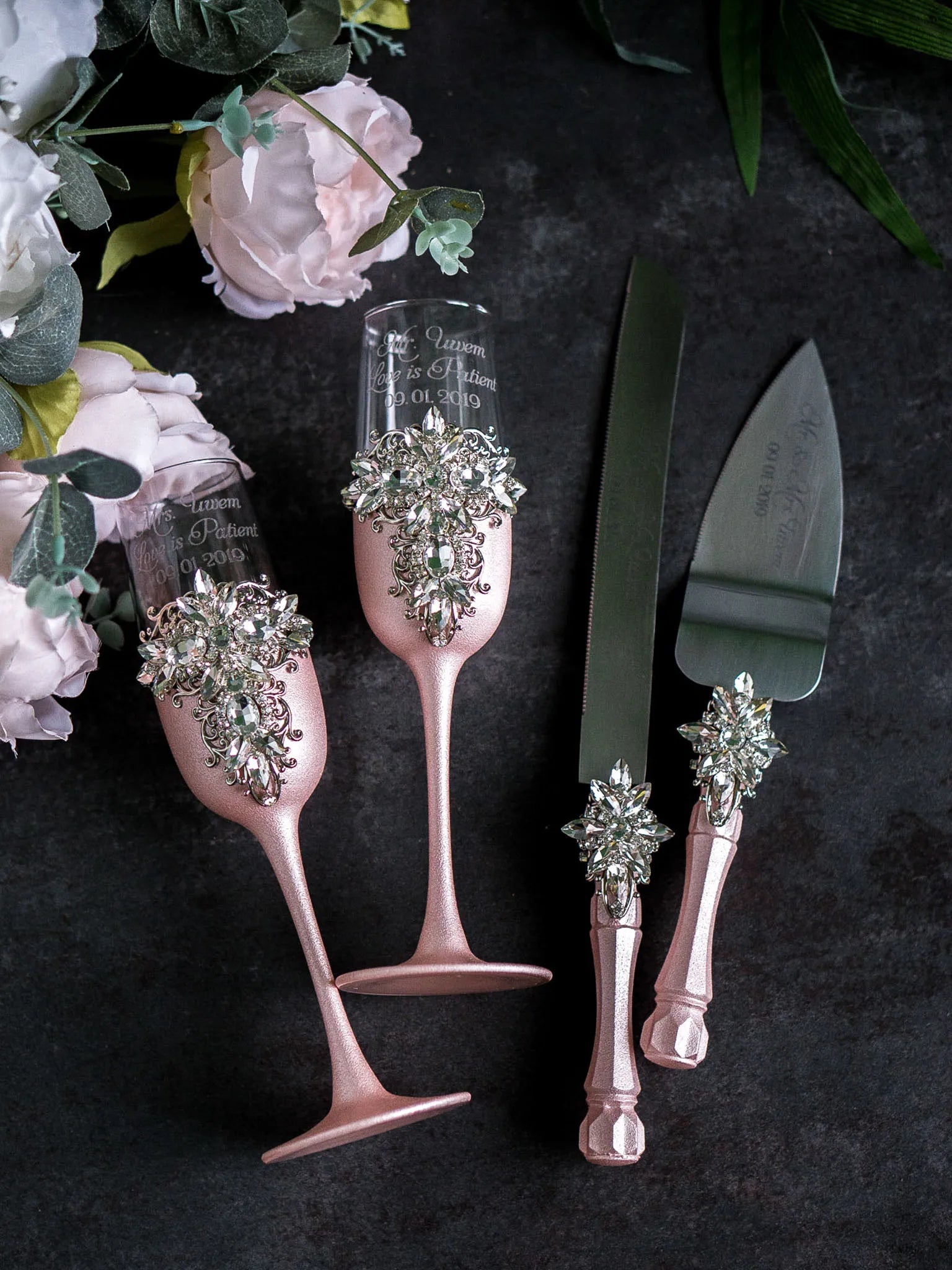 Rose Gold Crystal Toasting Flutes and Cake Knife Set with Silver Filigree