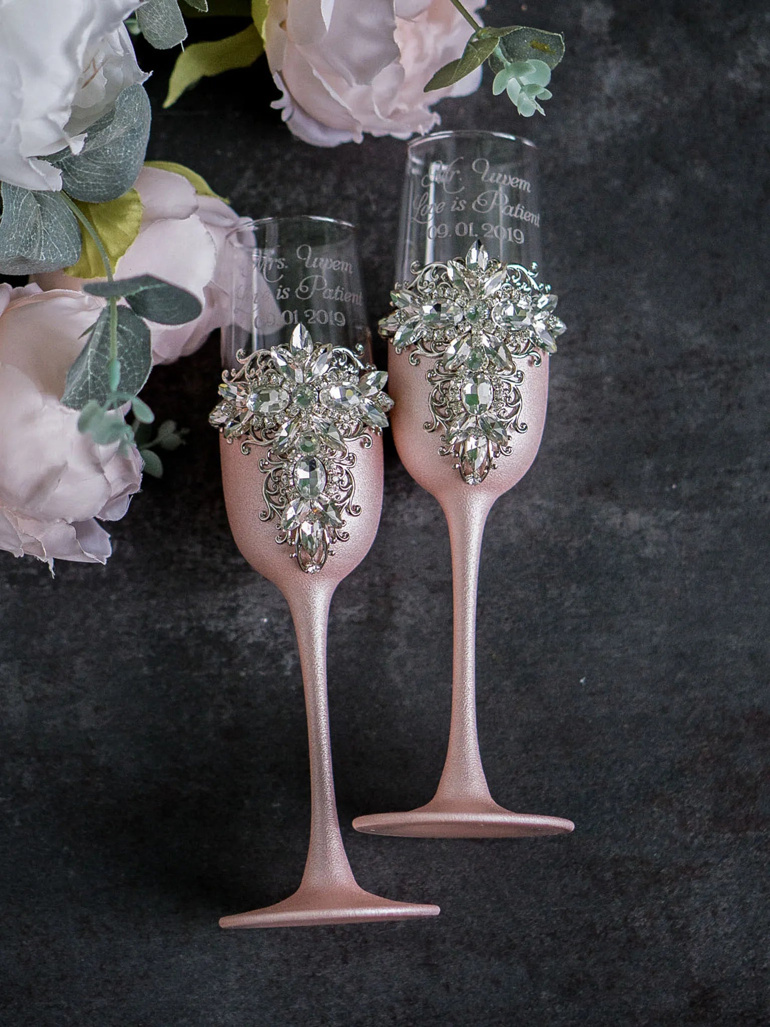 Exquisite wedding champagne flutes with crystal accents