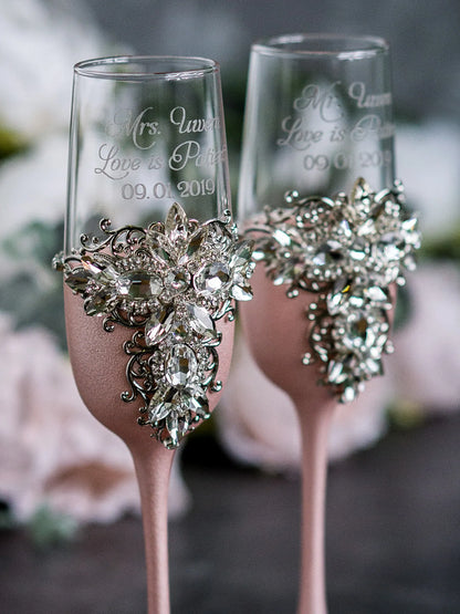 Intricate Silver Filigree Rose Gold Wedding Glasses and Cake Server