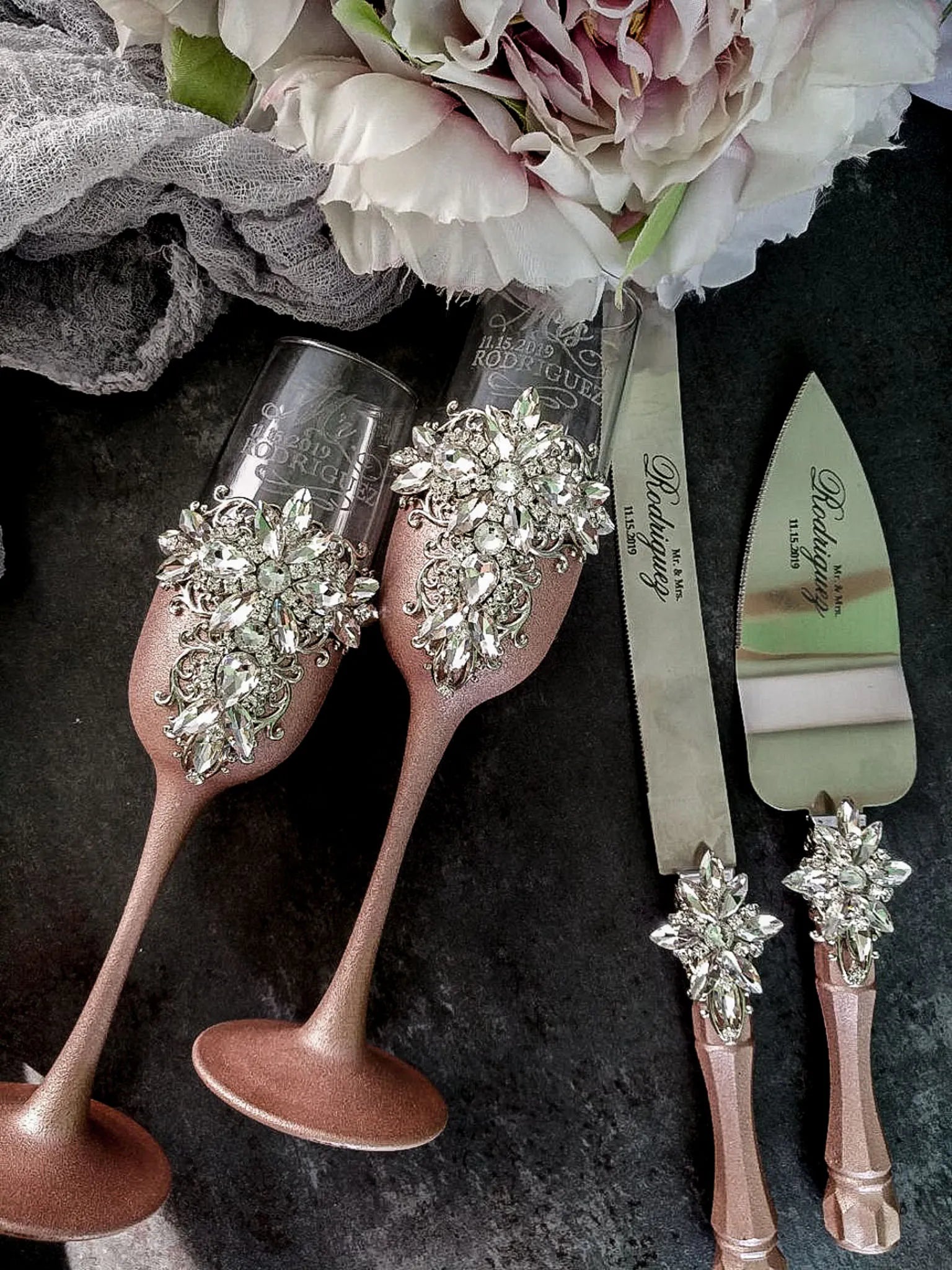 Rose Gold Crystal Champagne Flutes and Cake Knife Set for Weddings