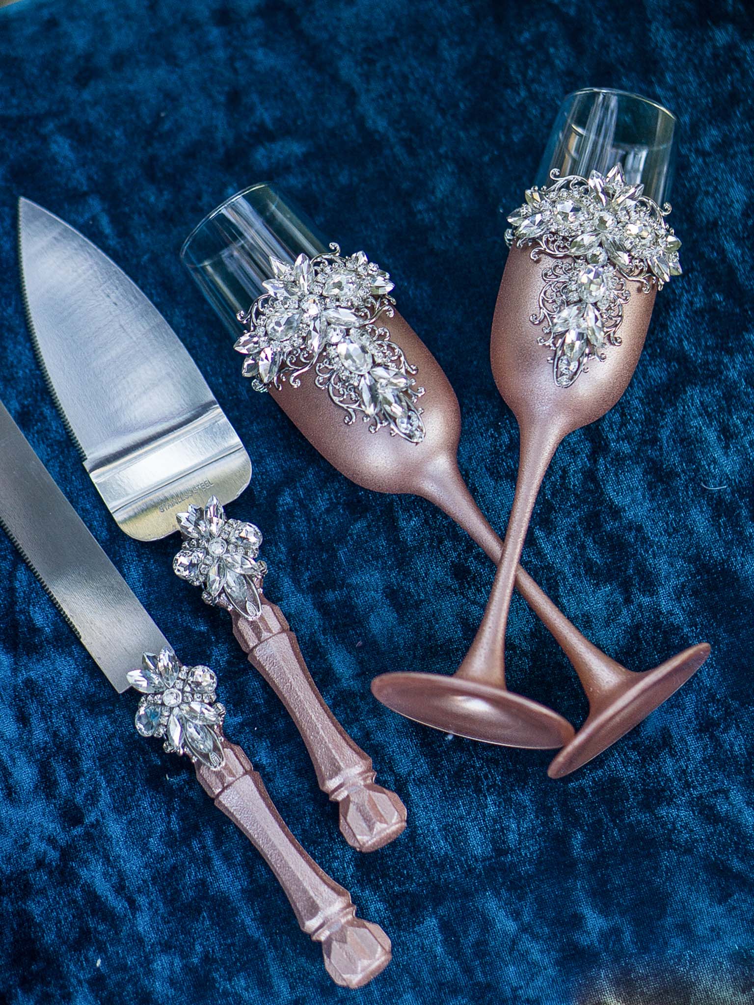 Customizable Rose Gold Crystal Toasting Flutes and Cake Knife Set