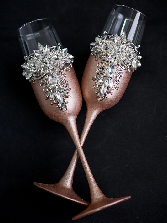 Personalized silver and rose gold champagne flutes