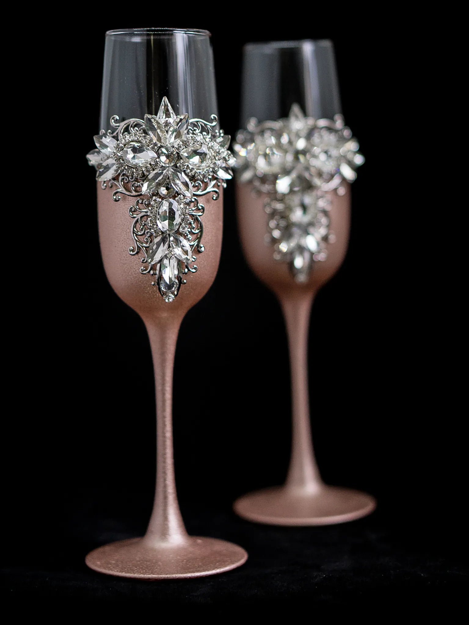 Unique personalized wedding flutes in rose gold