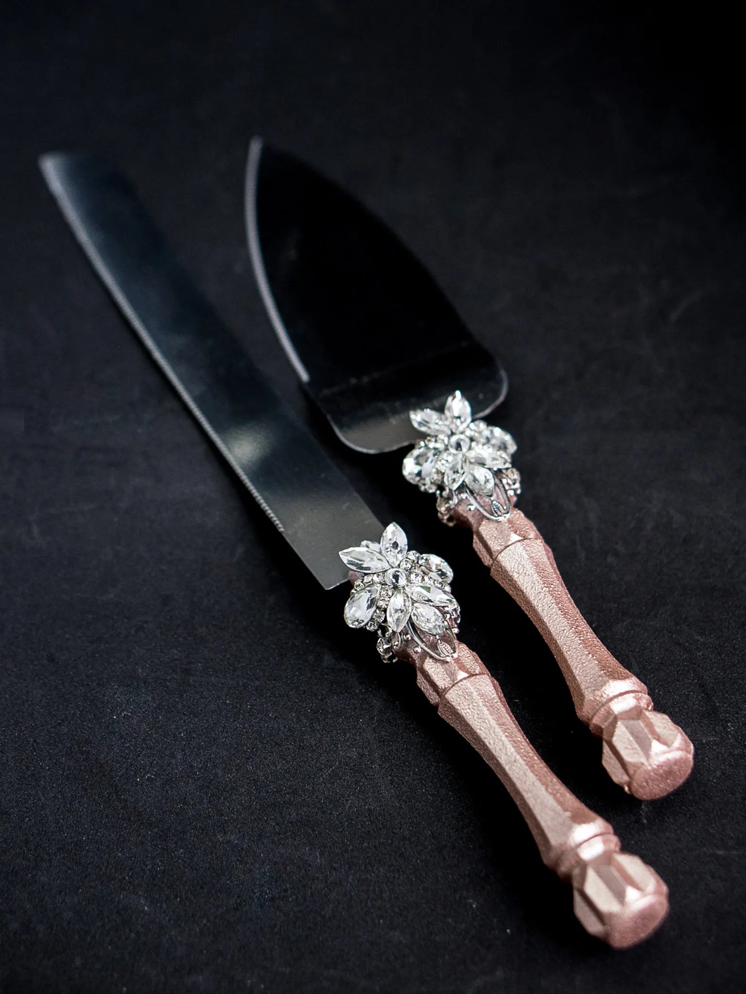 Romantic Rose Gold Crystal Toasting Flutes and Cake Knife Set