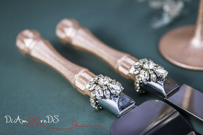 Exquisite rose gold wedding utensils with crystals