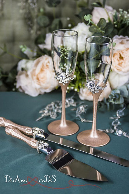 Unique rose gold and silver wedding glassware