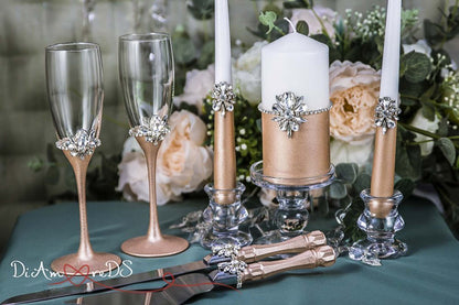 Artisanal rose gold candle set, bringing warmth to wedding vows.
