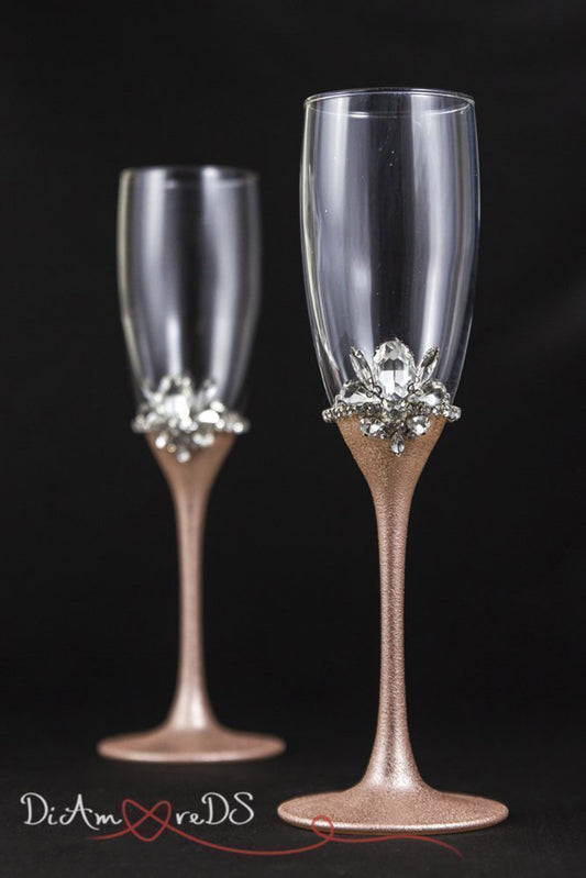 Rose gold and silver wedding champagne flutes