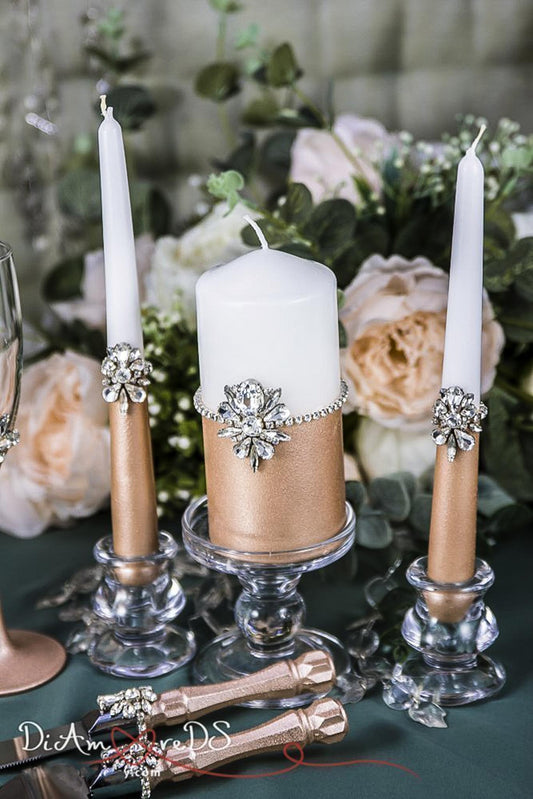 Rose Gold Amanda Unity Candle Set for romantic wedding ceremonies.