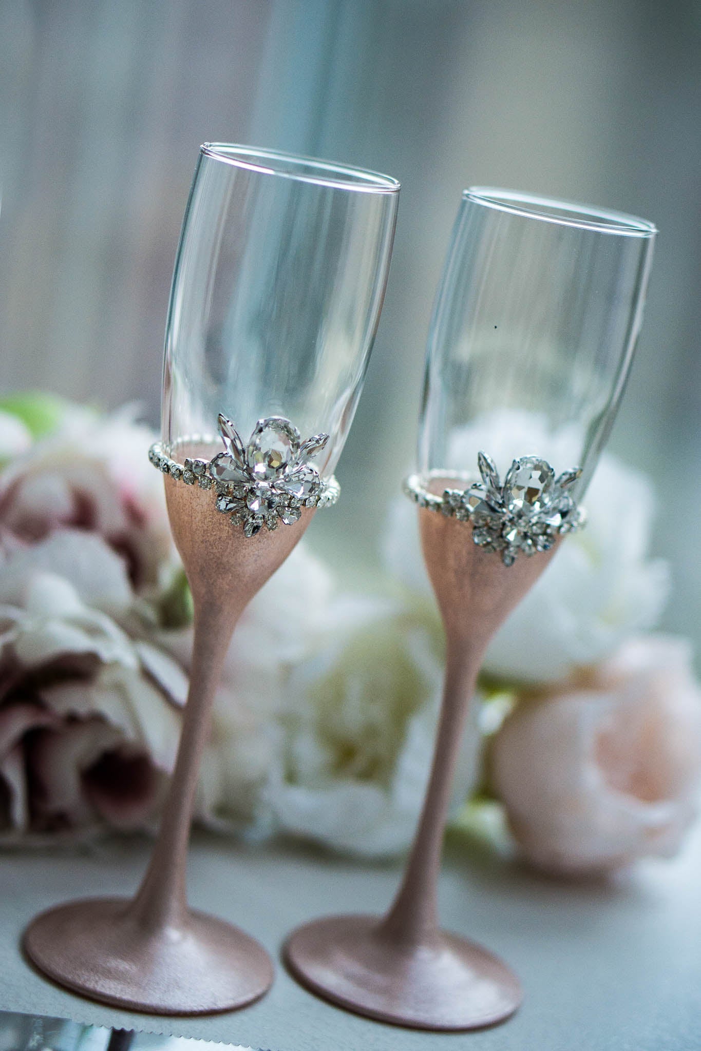 Rose gold and silver celebration flutes by Amanda