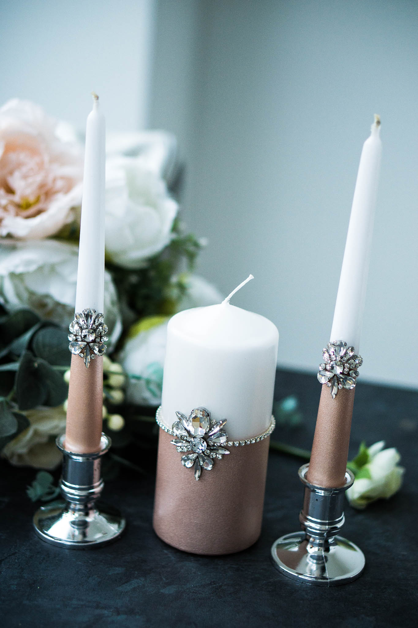 Custom-engraved unity candle set from the luxurious Amanda Collection