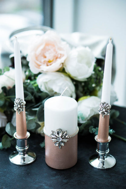Rose gold wedding candles, handcrafted for a personalized ceremony touch.