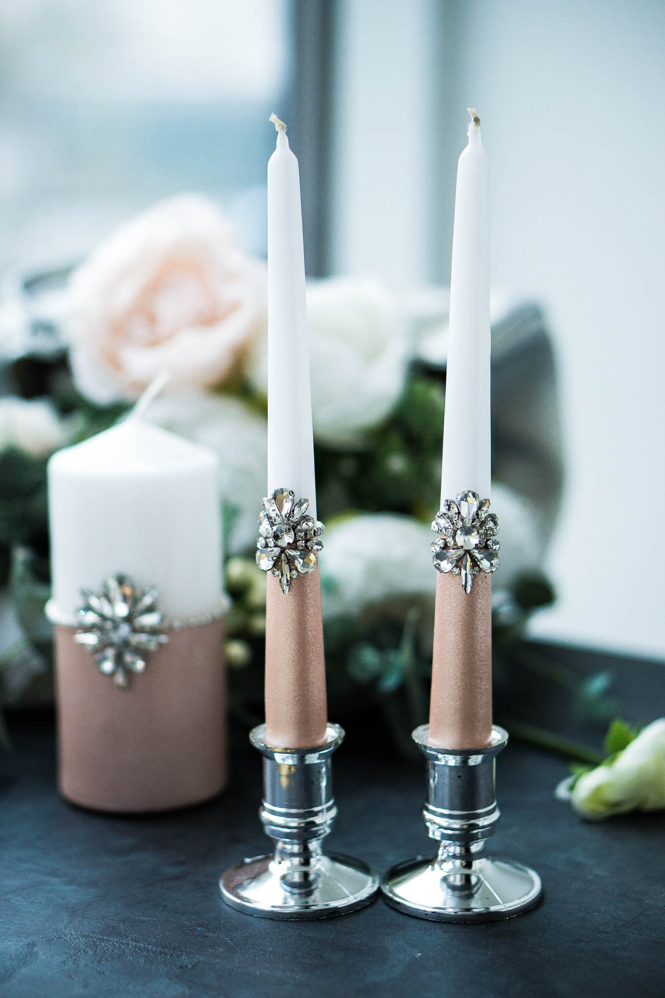 Handcrafted Amanda Unity Candle embellished with rose gold accents.