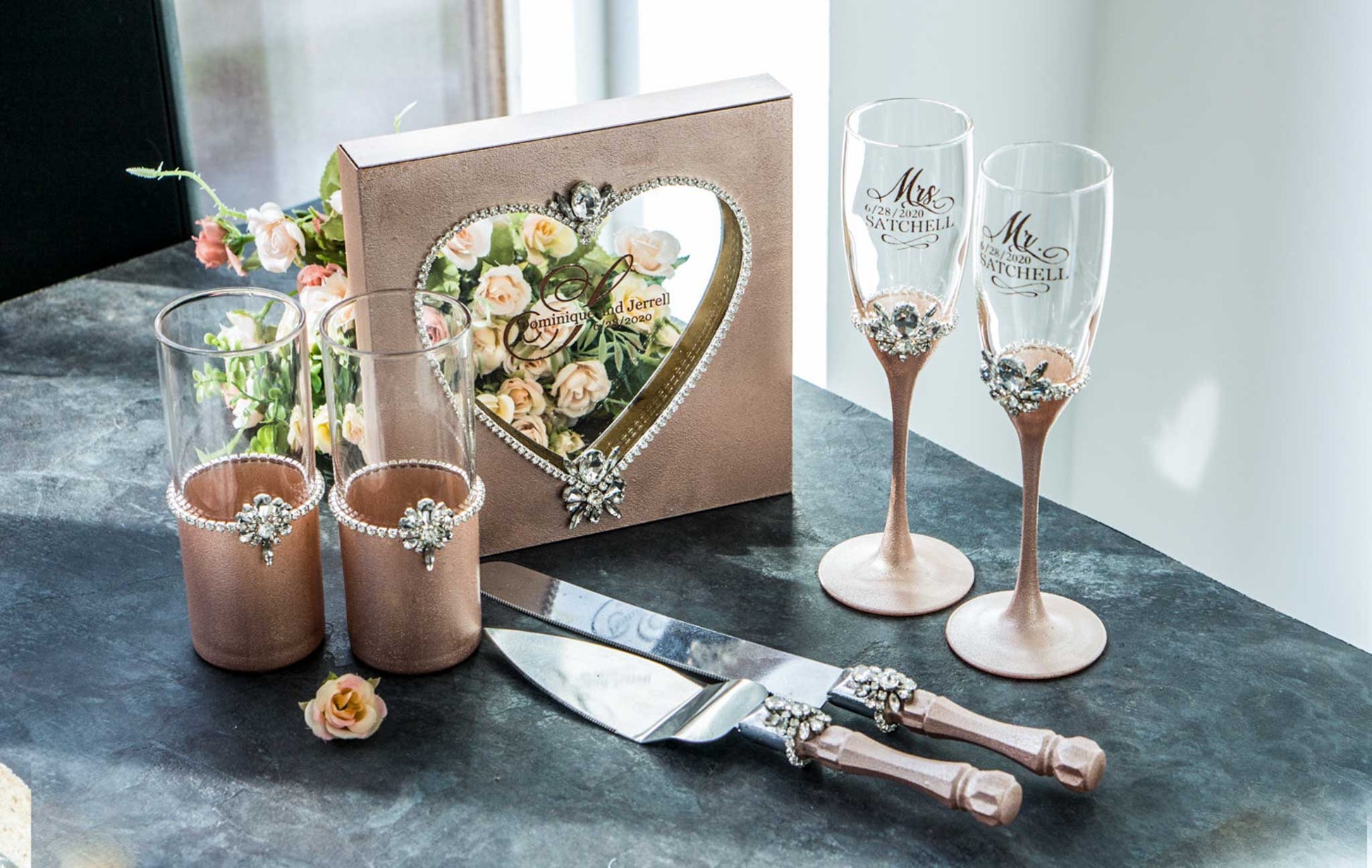 Hand-engraved bride and groom champagne flutes