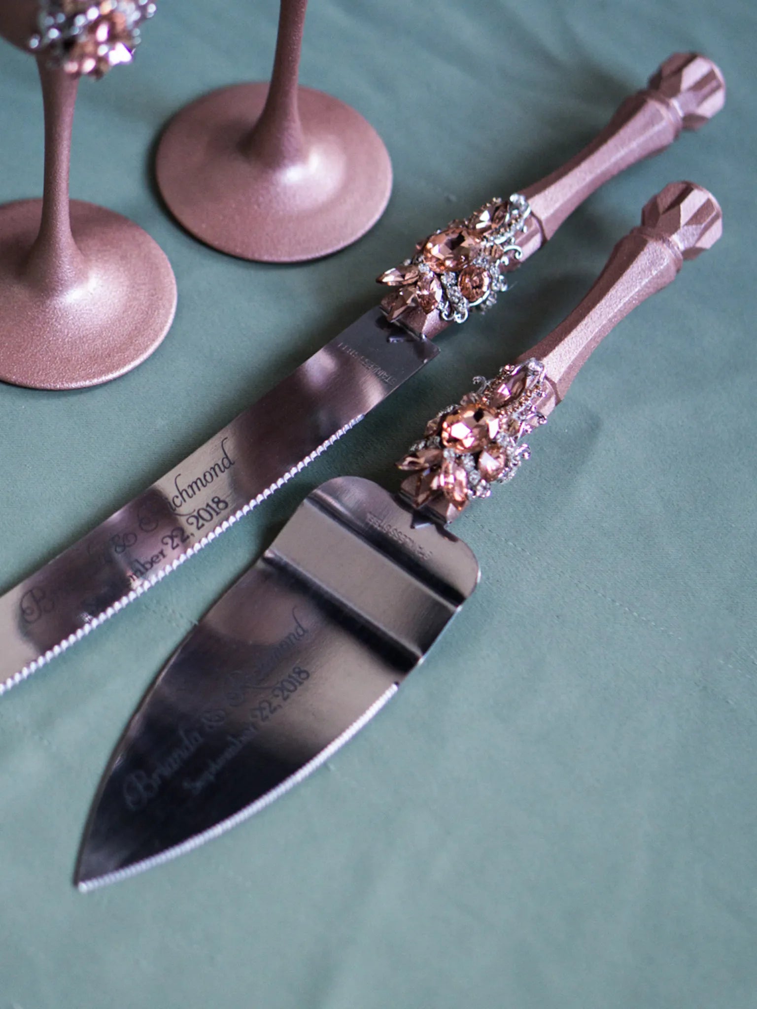 Rose gold cake knife and server set with crystal accents