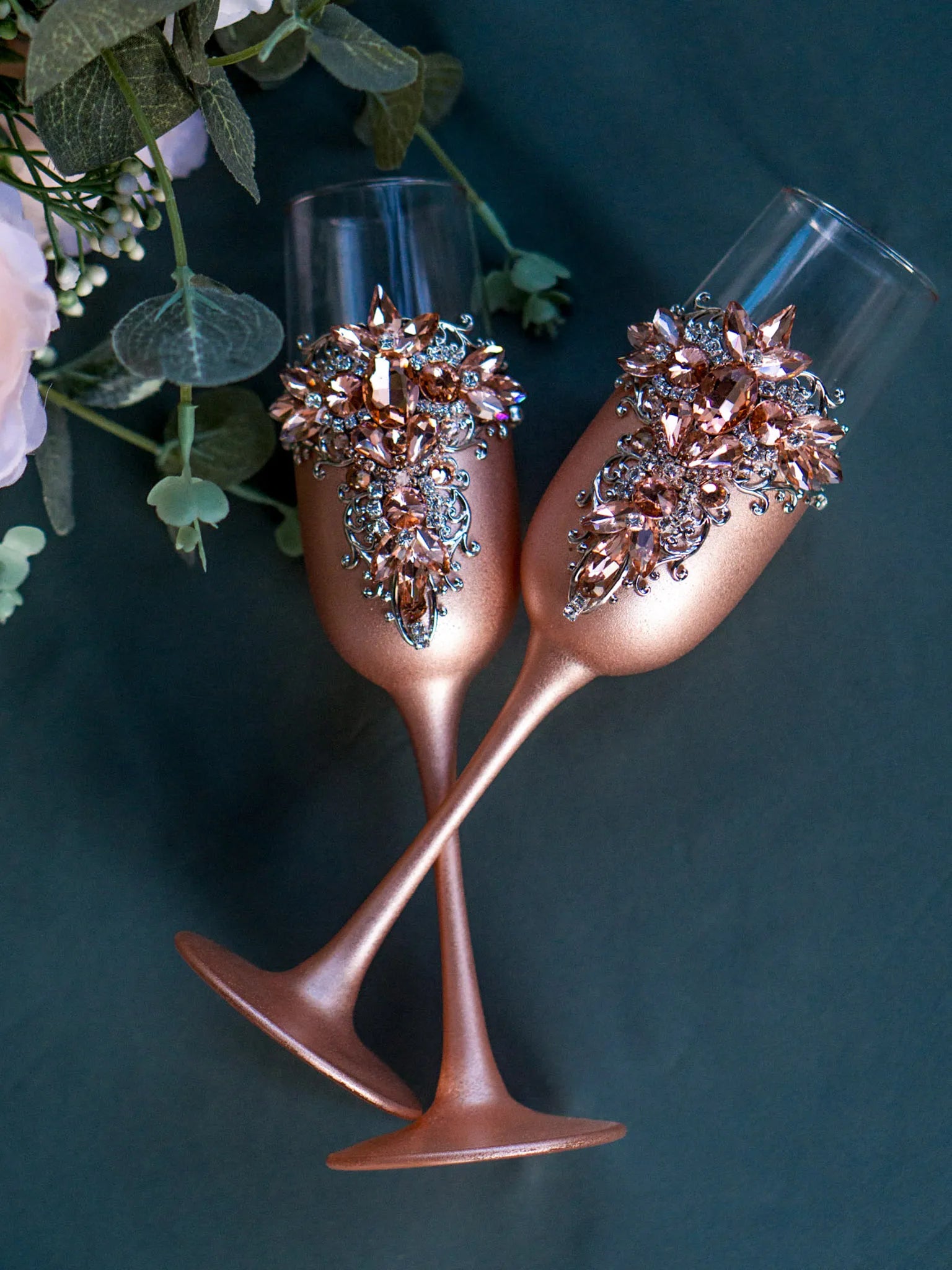 Personalized rose gold wedding champagne glasses